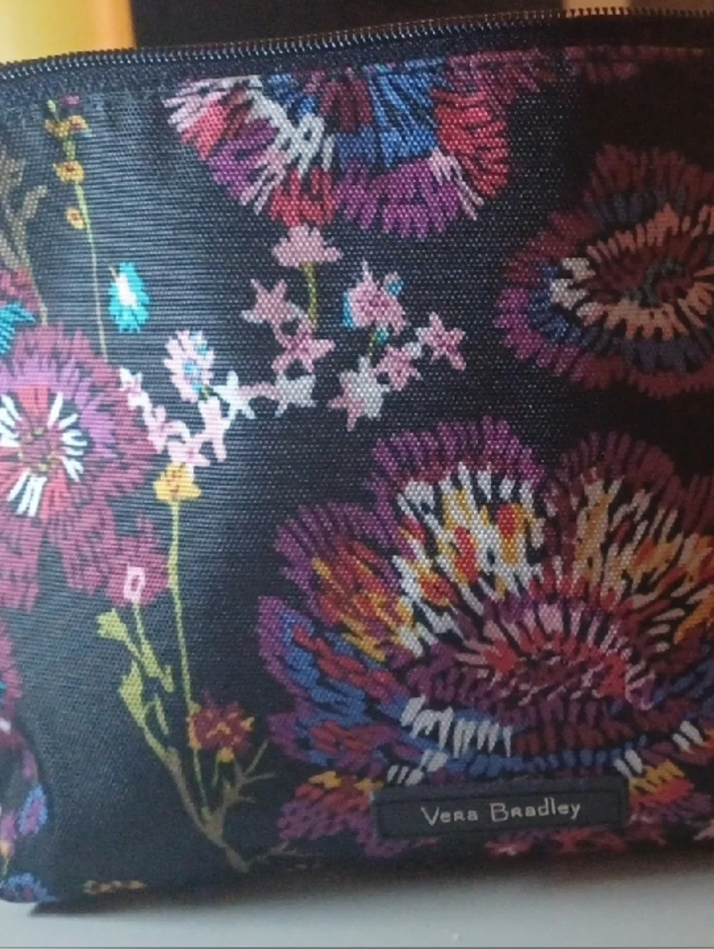 Vera Bradley Black Floral Zip Cosmetic Large Pouch with Multicolor Blooms